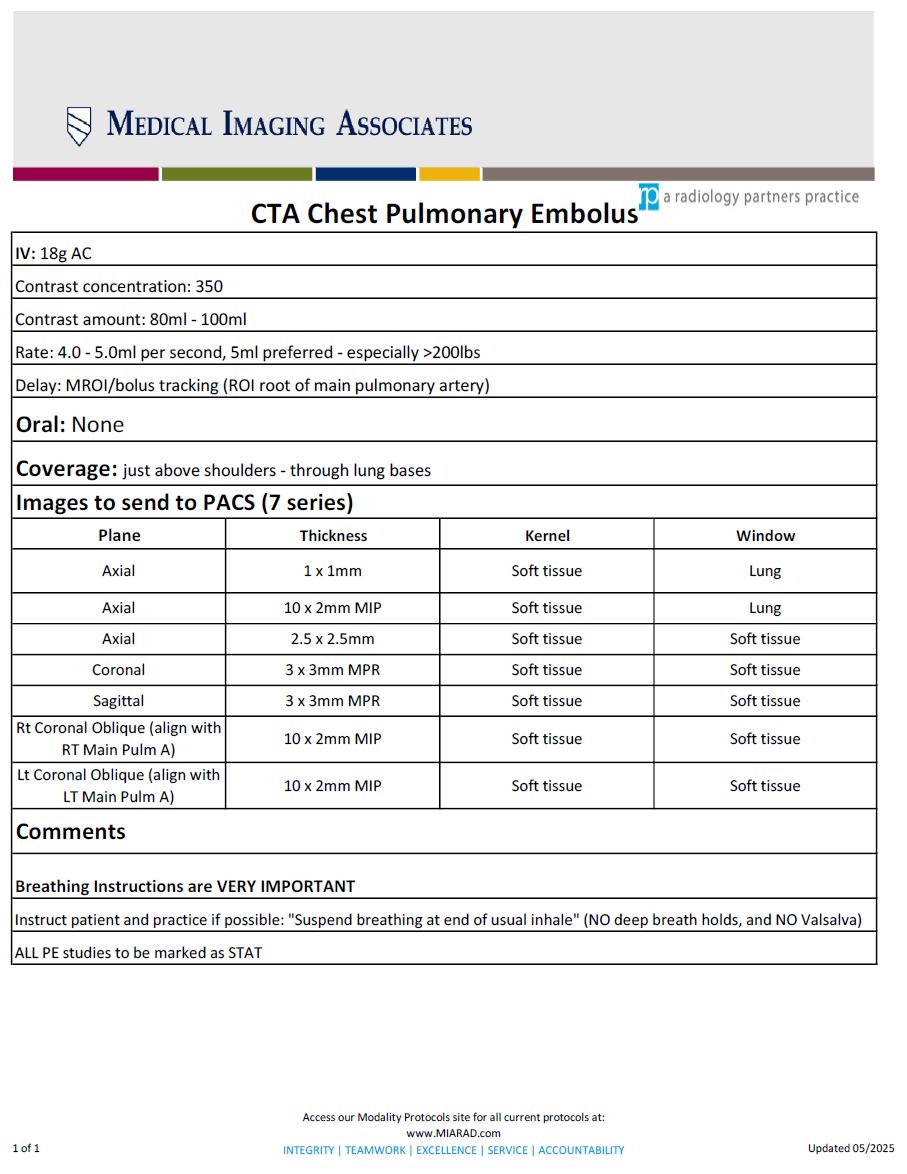 CT CTA Chest Pulmonary Embolus. 06-2025